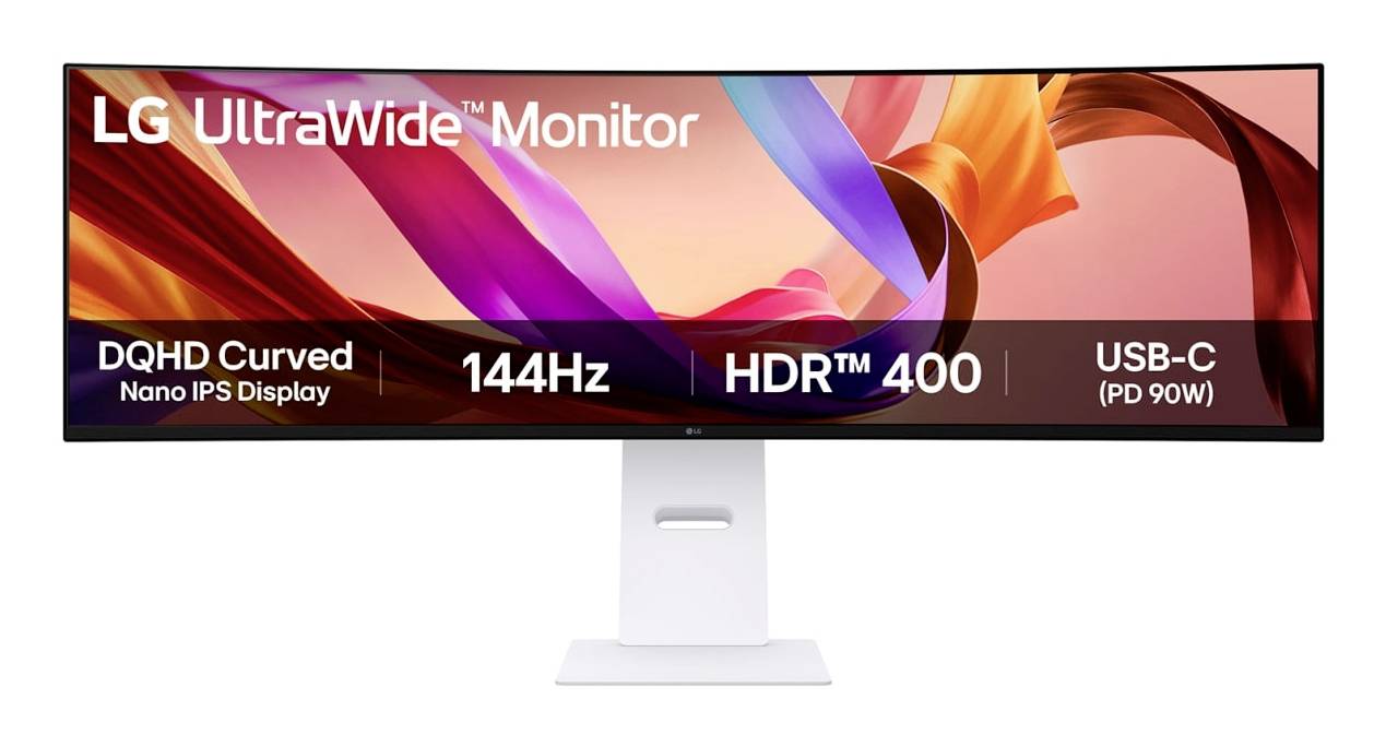 LG UltraWide monitor s živými barvami s funkcemi: DQHD zakřivený Nano IPS displej, 144Hz, HDR 400, USB-C (PD 90W).