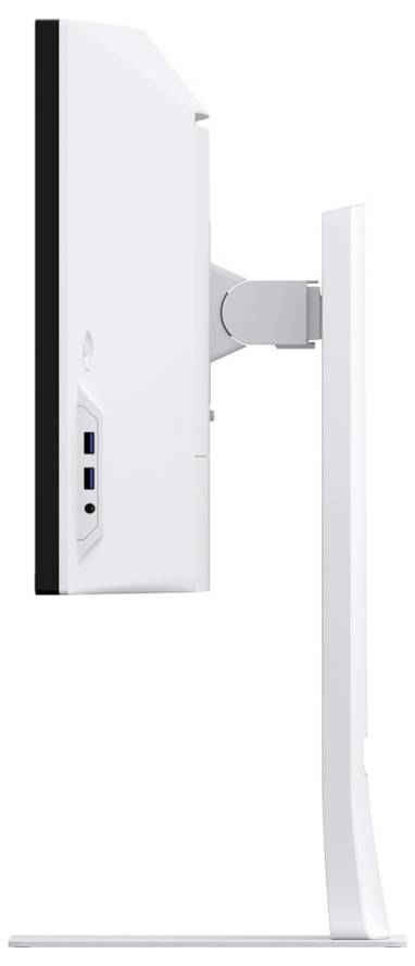 Pohled z bočního profilu na bílý počítačový monitor na stojanu, který ukazuje porty na straně a elegantní, tenký design.