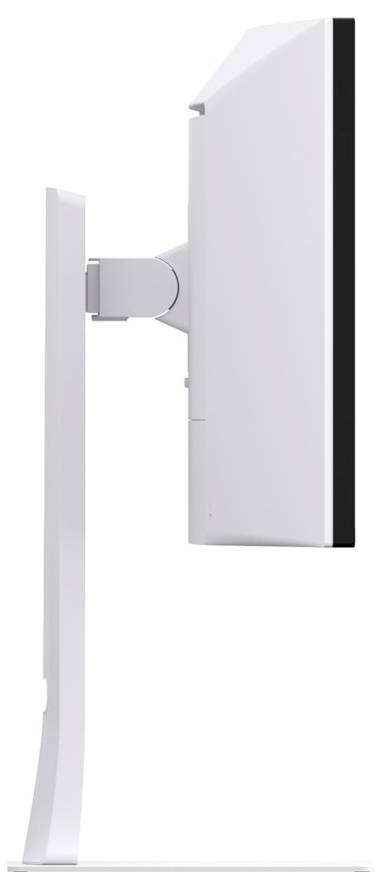 Boční pohled na moderní monitor s plochou obrazovkou na elegantním, minimalistickém stojanu, který ukazuje jeho štíhlý profil a nastavitelný podpůrný mechanismus.
