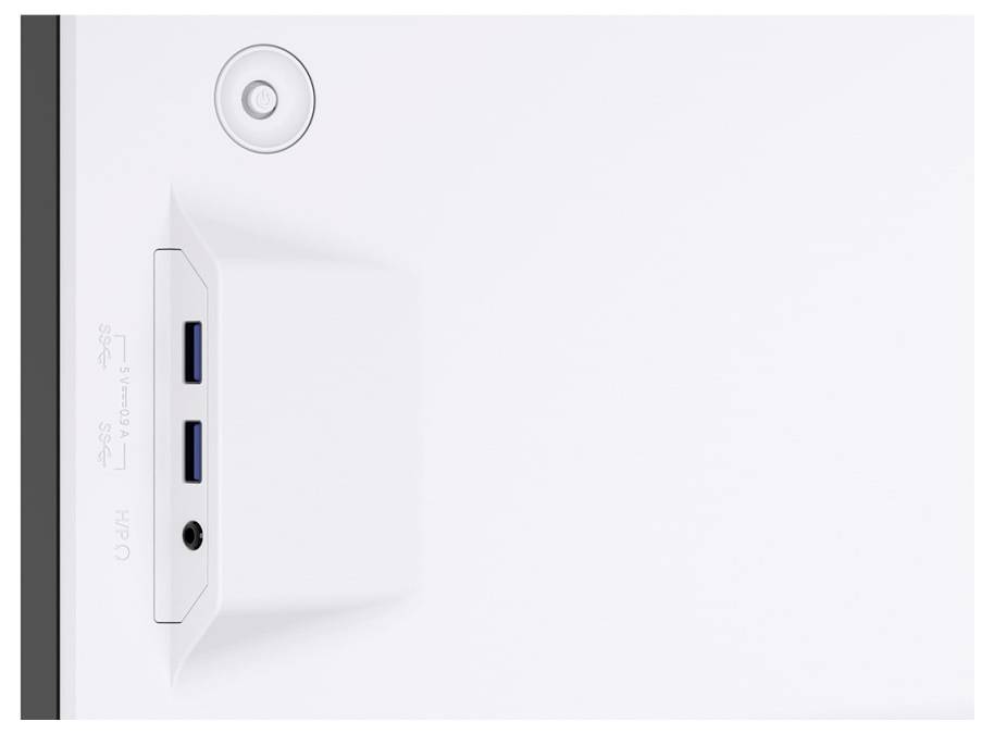 Bílý elektronický panel zařízení s vypínačem, dvěma USB porty a audiokonektorem, s symboly označujícími funkčnost.