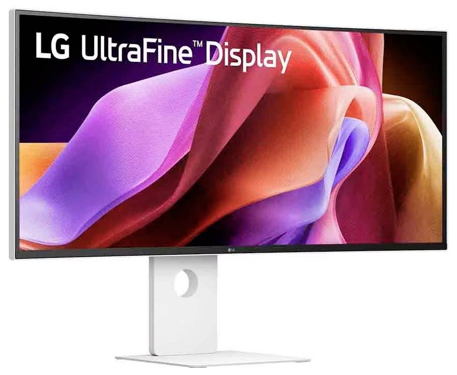 Monitor LG UltraFine Display s živou, abstraktní barevnou vlnou na obrazovce, který ukazuje široký poměr stran a elegantní design stojanu.