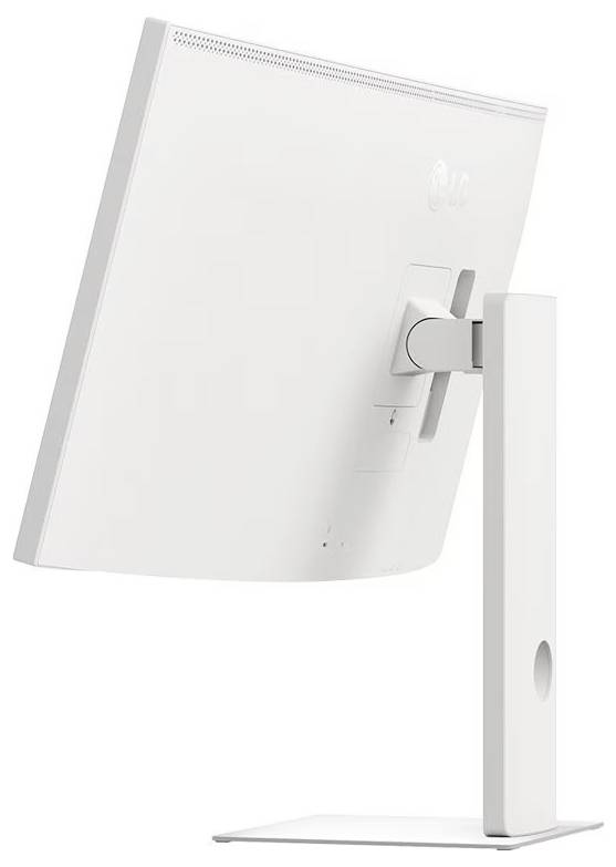 Bílý, moderní počítačový monitor pohledem z boku, zobrazující jeho nastavitelný stojan a štíhlý design.