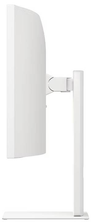 Boční pohled na bílý, štíhlý počítačový monitor na stojanu, který ukazuje jeho nastavitelný zadní kloub a minimalistický design.