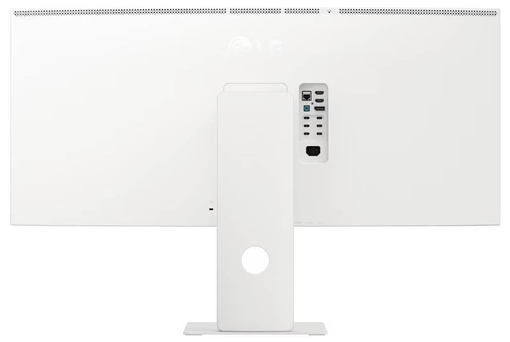 Zadní pohled na bílý počítačový monitor zobrazující porty a konektory na zadním panelu, včetně vstupů HDMI, USB a napájení.