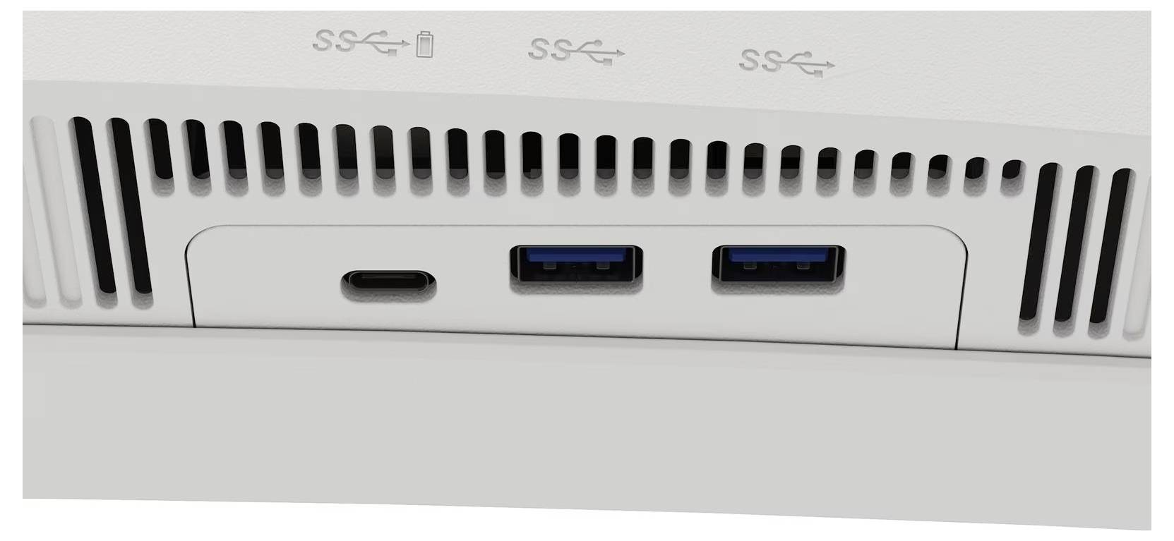 Obrázek zadního panelu počítačového monitoru zobrazující tři porty: jeden port USB-C a dva porty USB-A. Panel má nad porty větrací otvory.