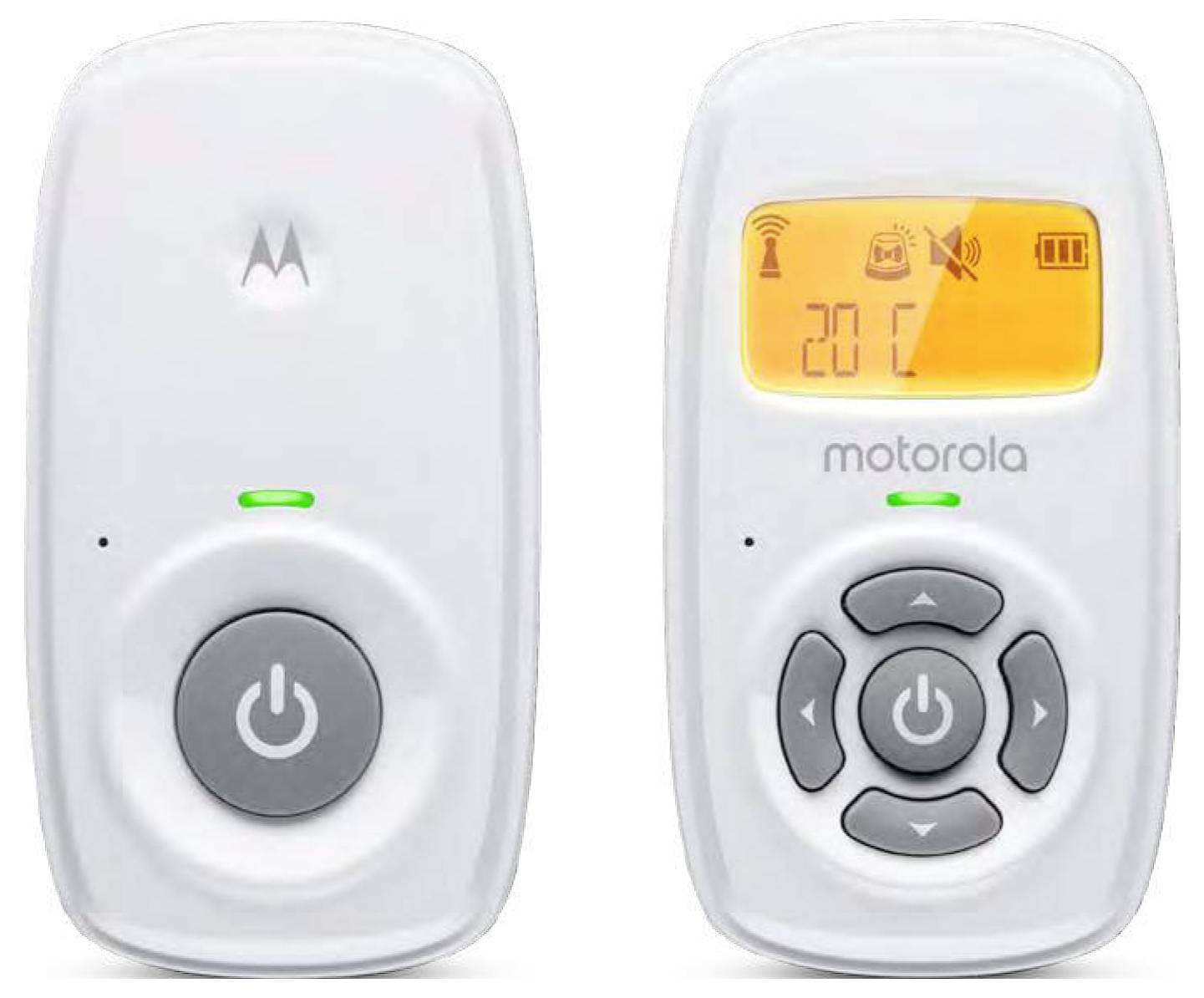 Dětská chůvička s digitálním displejem zobrazujícím 20°C a ikonami pro signál, baterii a hlasitost. Dvě jednotky, jedna s ovládacími prvky a obrazovkou.
