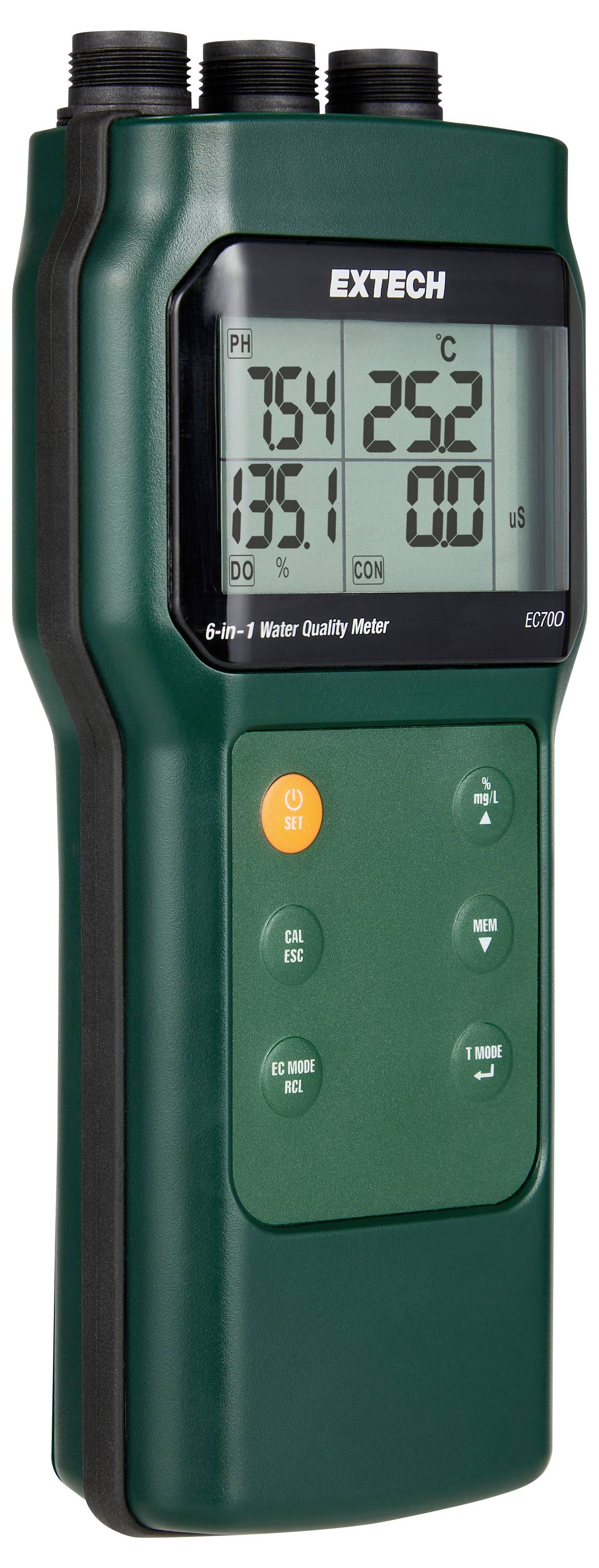 Extech 6-in-1 měřič kvality vody zobrazující měření pH, teploty, vodivosti, TDS, salinity a rezistivity.