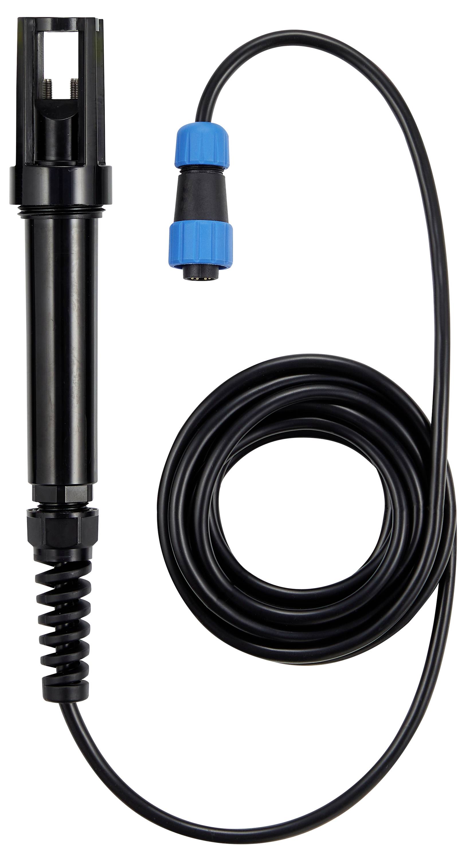 Černý senzorový kabel s modrým konektorem, používaný pro elektronické připojení, zobrazený na bílém pozadí.