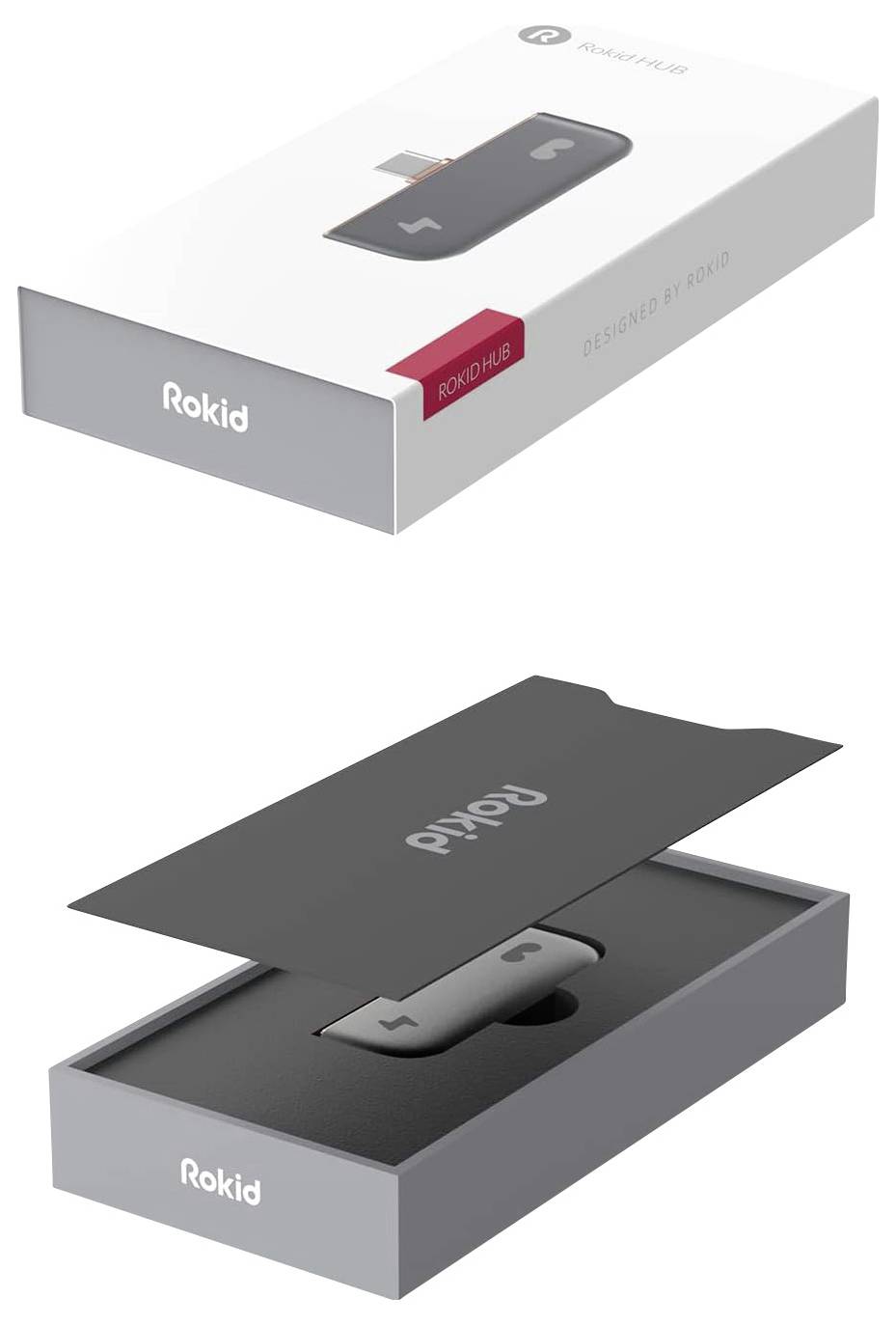 Krabice 'Rokid Hub C' zobrazující elegantní šedé chytré zařízení uvnitř. Víko krabice obsahuje logo a nápis 'Navrženo společností Rokid'. Zařízení je navrženo pro připojení.