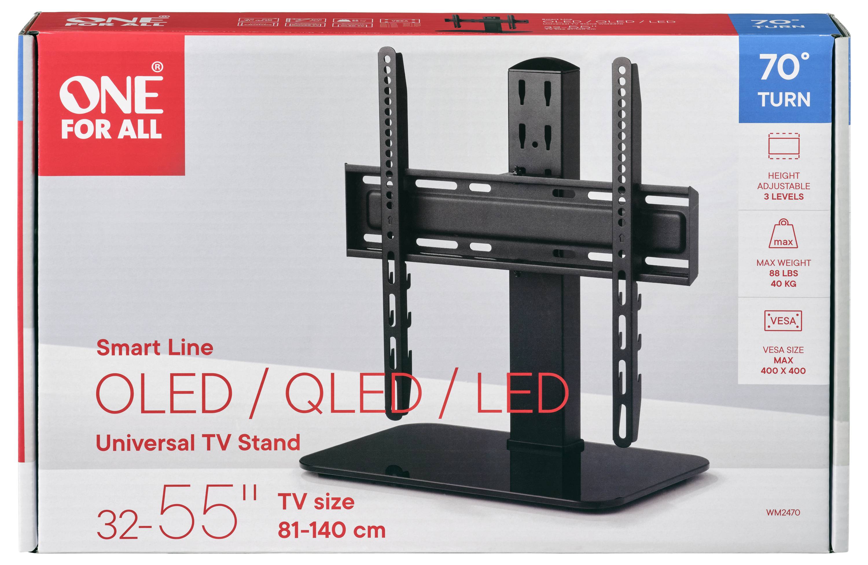 Univerzální TV stojan pro OLED/QLED/LED, podporuje televizory o velikosti 32-55 palců. Výškově nastavitelný, maximální nosnost 40 kg, velikost VESA 400 x 400.