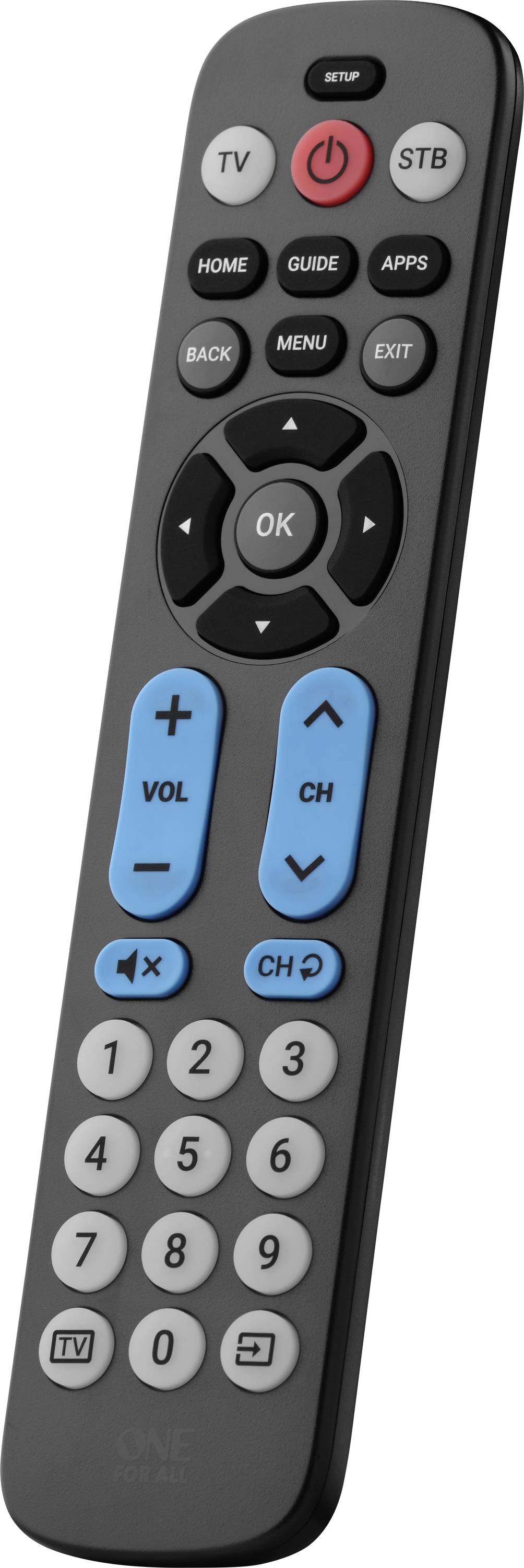 Černý TV ovladač s tlačítky pro zapnutí/vypnutí, hlasitost, kanály, domů, průvodce, aplikace, menu a číselná tlačítka. Modré tlačítka pro hlasitost a kanály.