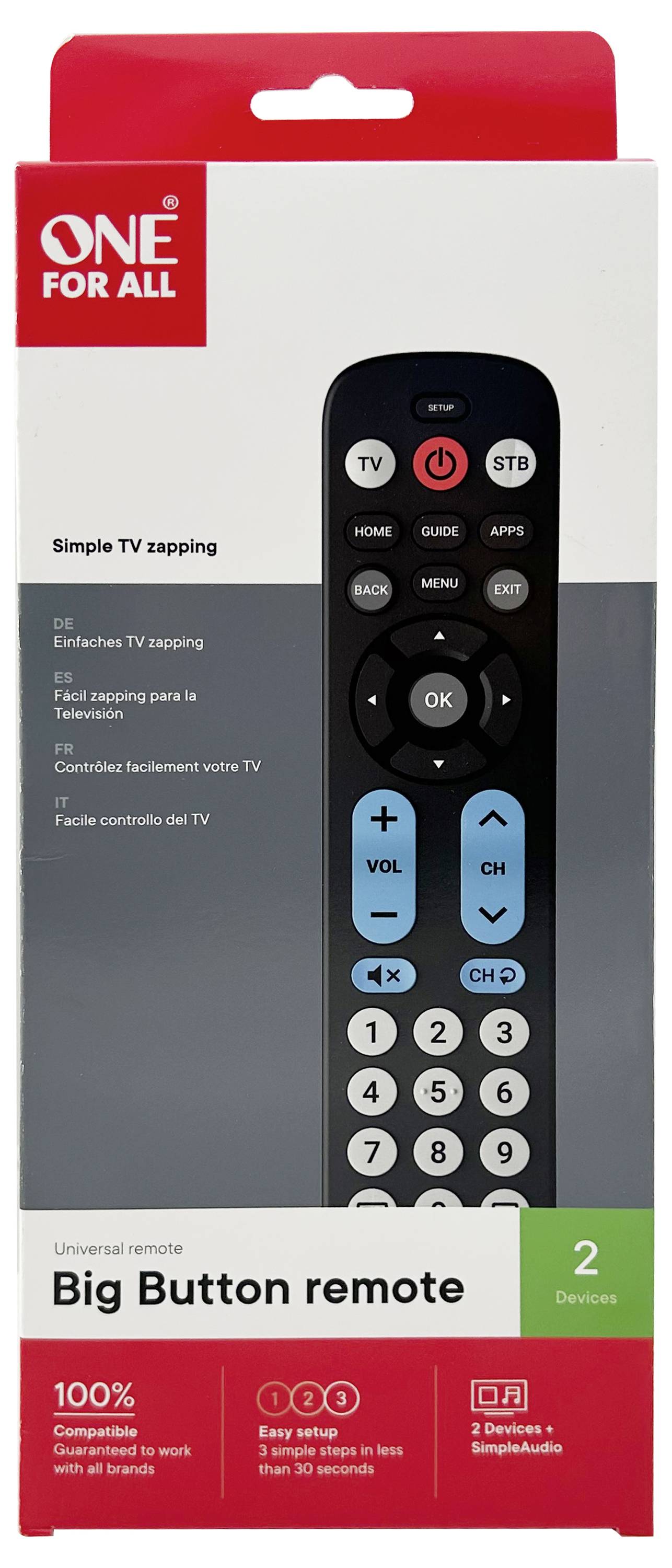 Dálkový ovladač Big Button<br>Jednoduché ovládání - velké tlačítka pro snadné používání<br>Kompatibilní s většinou značek TV<br>Snadné nastavení - žádné složité programování<br>Velká, čitelná tlačítka pro pohodlné používání<br>Univerzální ovladač One For All