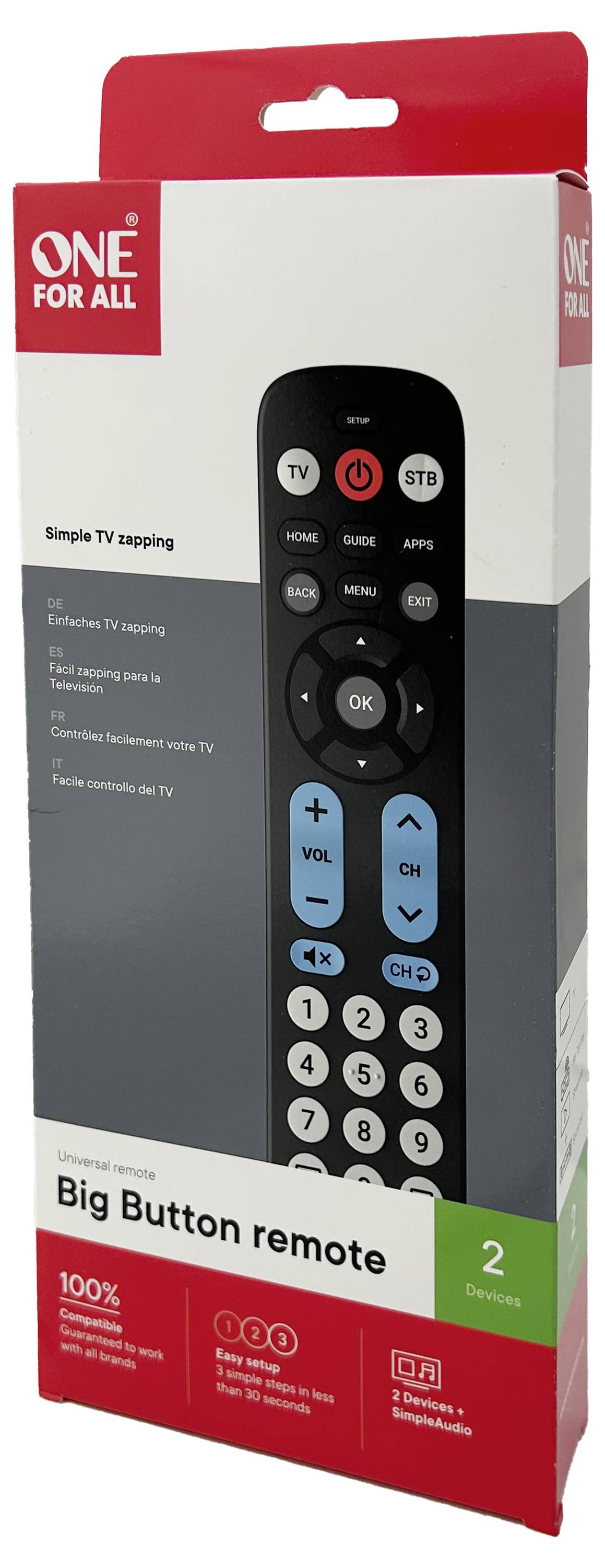 Krabice pro dálkový ovladač 'One For All Big Button' s jednoduchými funkcemi přepínání TV kanálů a ovládáním dvou zařízení; zobrazuje obrázek ovladače a klíčové funkce.