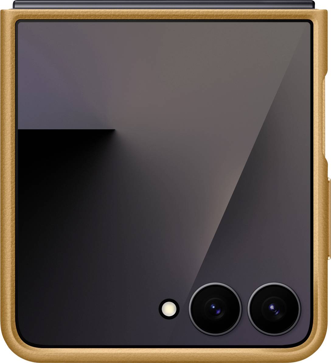 Složený smartphone s duálním fotoaparátem na hladkém, tmavém lesklém povrchu. Zařízení je orámováno hnědým pouzdrem.