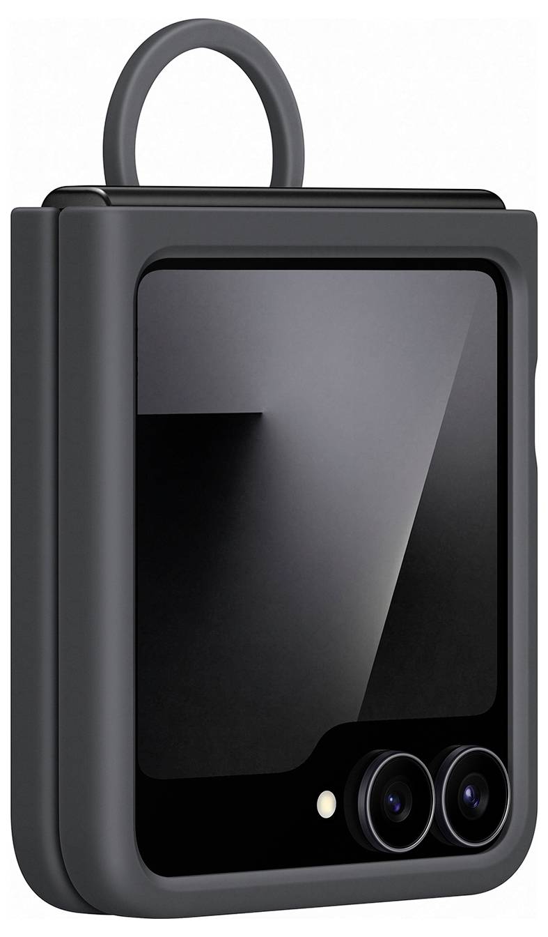 Uzavřený šedý sklápěcí telefon s duálním zadním fotoaparátem a viditelným externím displejem.