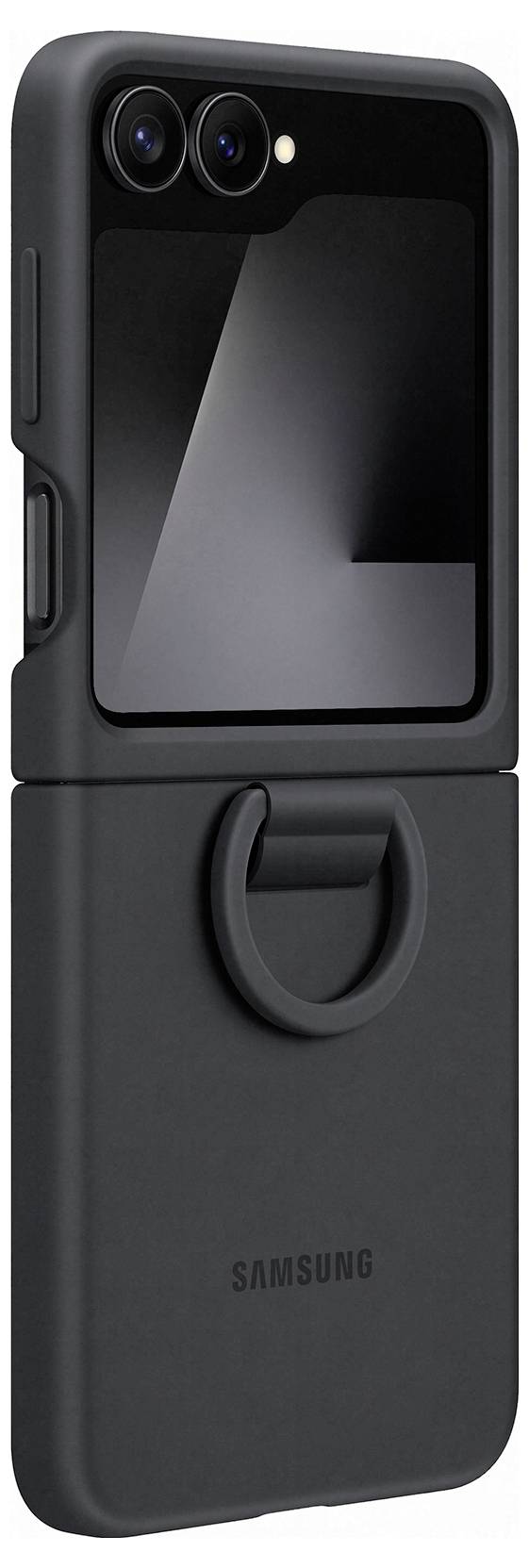 Černý Samsung telefon s pouzdrem, který má na zadní straně duální fotoaparát a skládací displej.