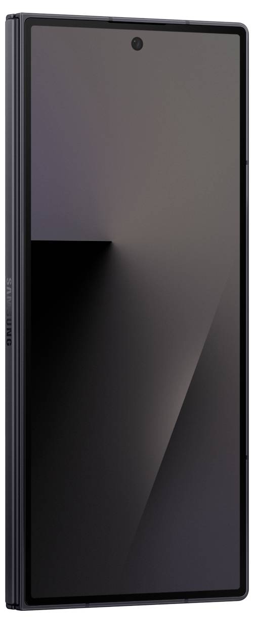 Elegantní, moderní smartphone s velkým černým displejem a úzkými rámečky, pohled zepředu.
