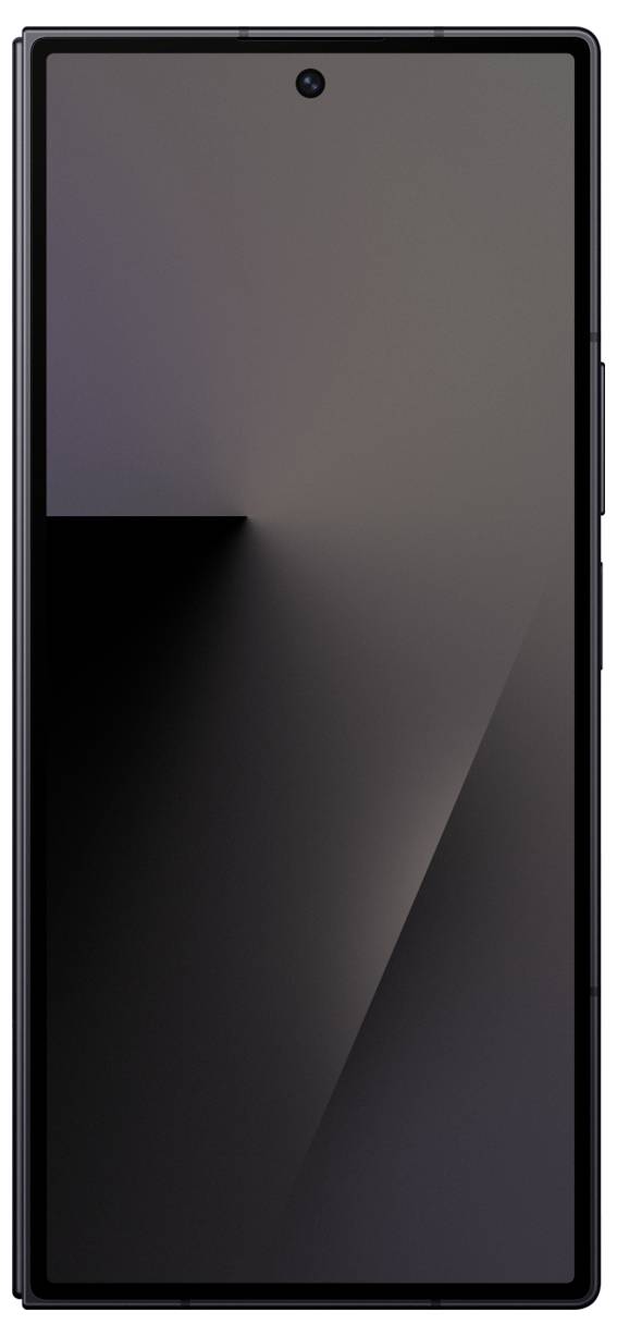 Elegantní smartphone s velkým displejem, minimálními rámečky a centrálně umístěnou přední kamerou. Na obrazovce je zobrazen tmavý abstraktní vzor.