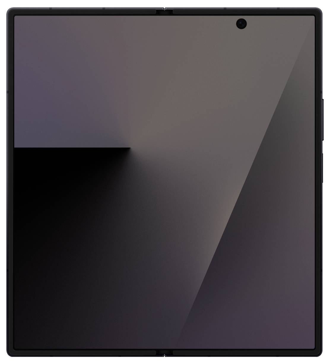 Čtvercový skládací smartphone s elegantním, minimalistickým displejem zobrazujícím abstraktní tmavé přechody, naznačující zavřený stav.