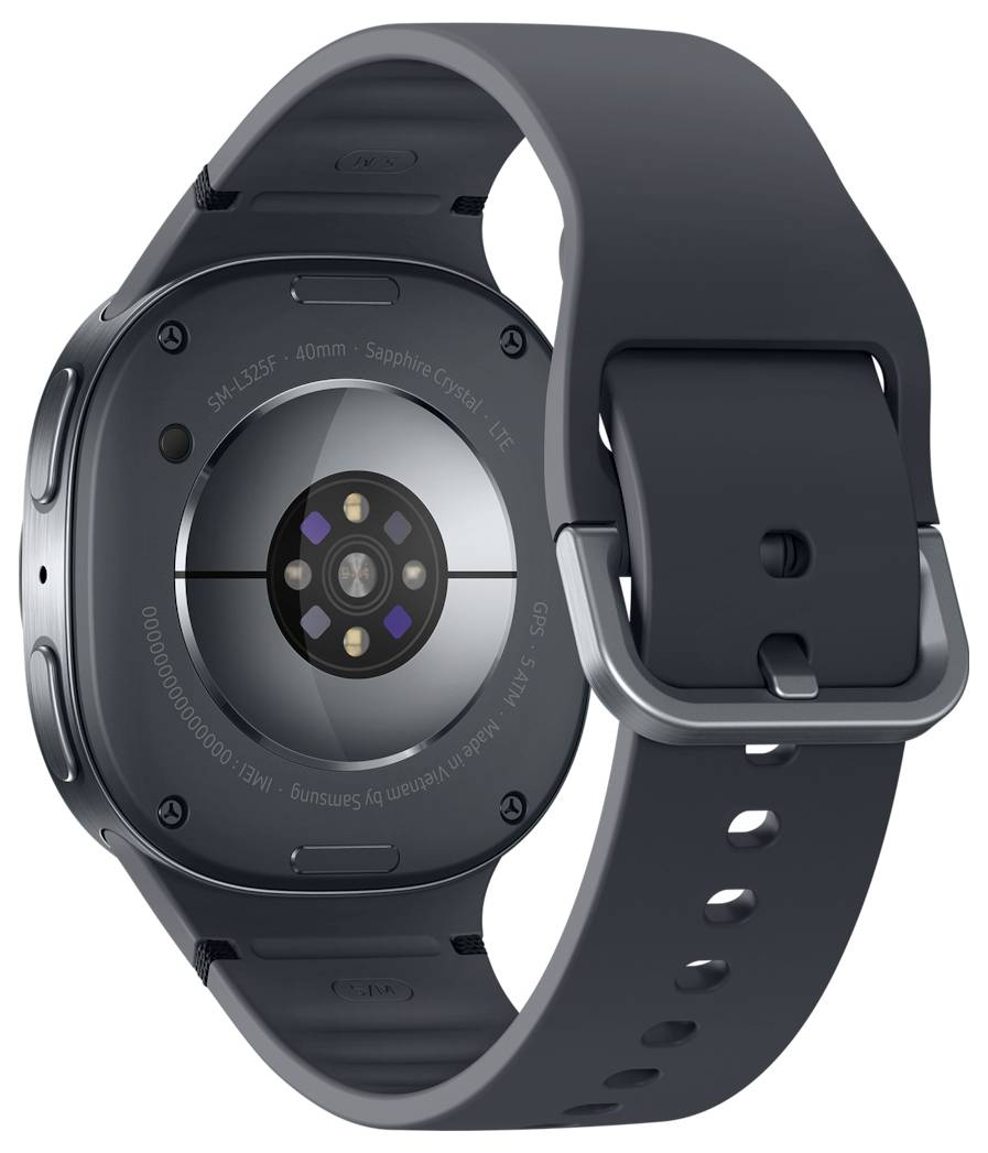 Obrázek ukazuje zadní stranu tmavého chytrých hodinek s viditelným senzorem a elegantním designem řemínku, což zdůrazňuje moderní technologii.