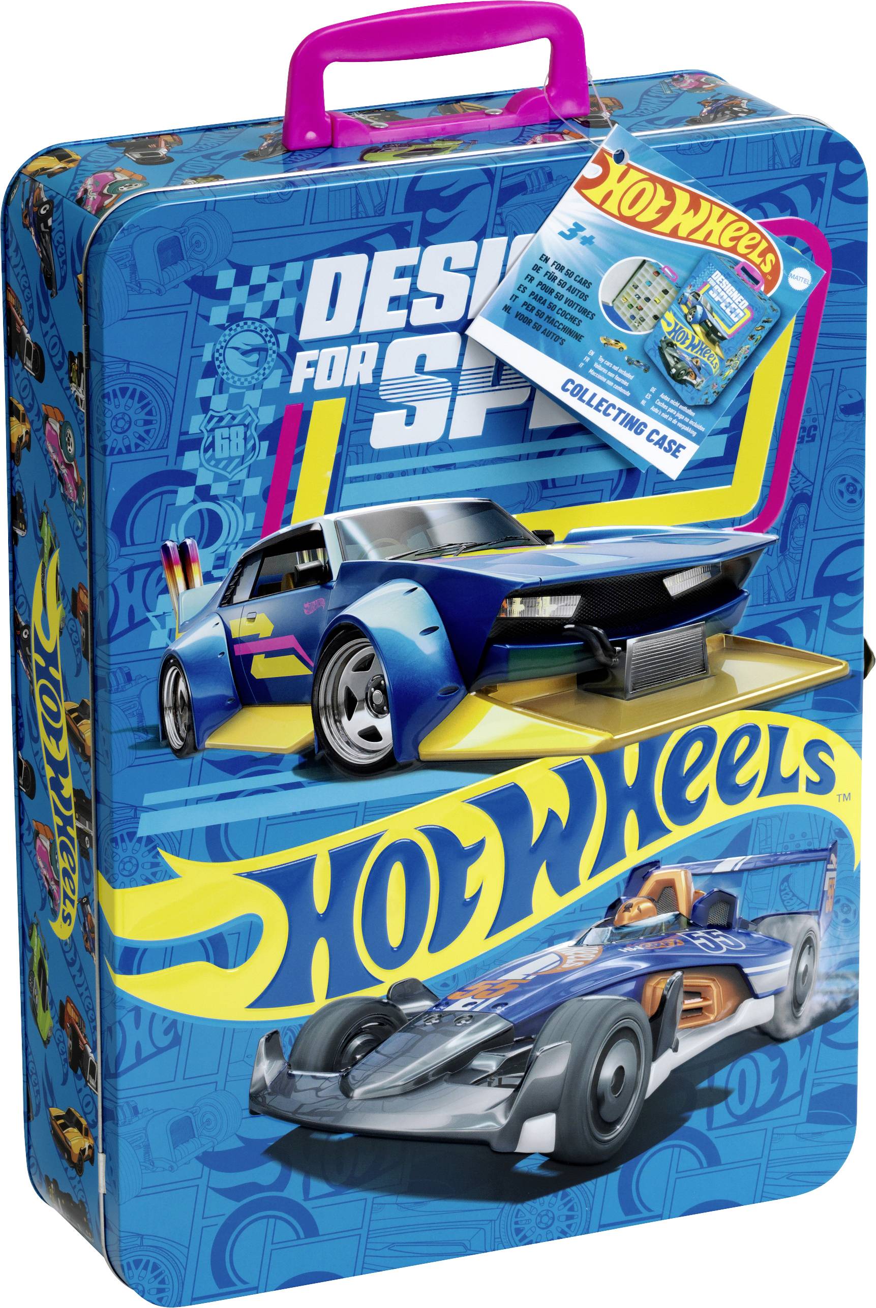 Přepravní pouzdro Hot Wheels s velkým logem 'Hot Wheels', na předním víku zobrazující modré a stříbrné závodní automobily, s růžovou rukojetí nahoře.