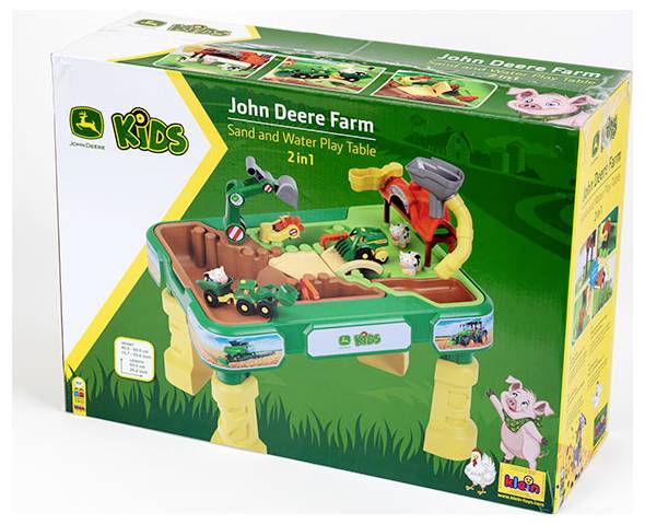 Dětský hrací stůl John Deere s farmářskou tématikou pro hru s pískem a vodou, včetně hospodářských zvířat a zemědělských strojů.