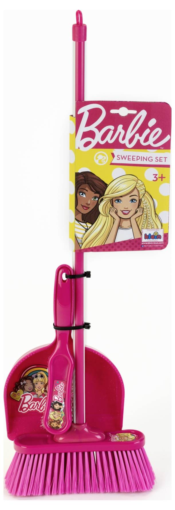 Dětská smetáček a lopatka v růžové barvě s animovanými postavičkami na rukojeti a obalu, označené jako 'Barbie Uklízecí Sada, 3+'.