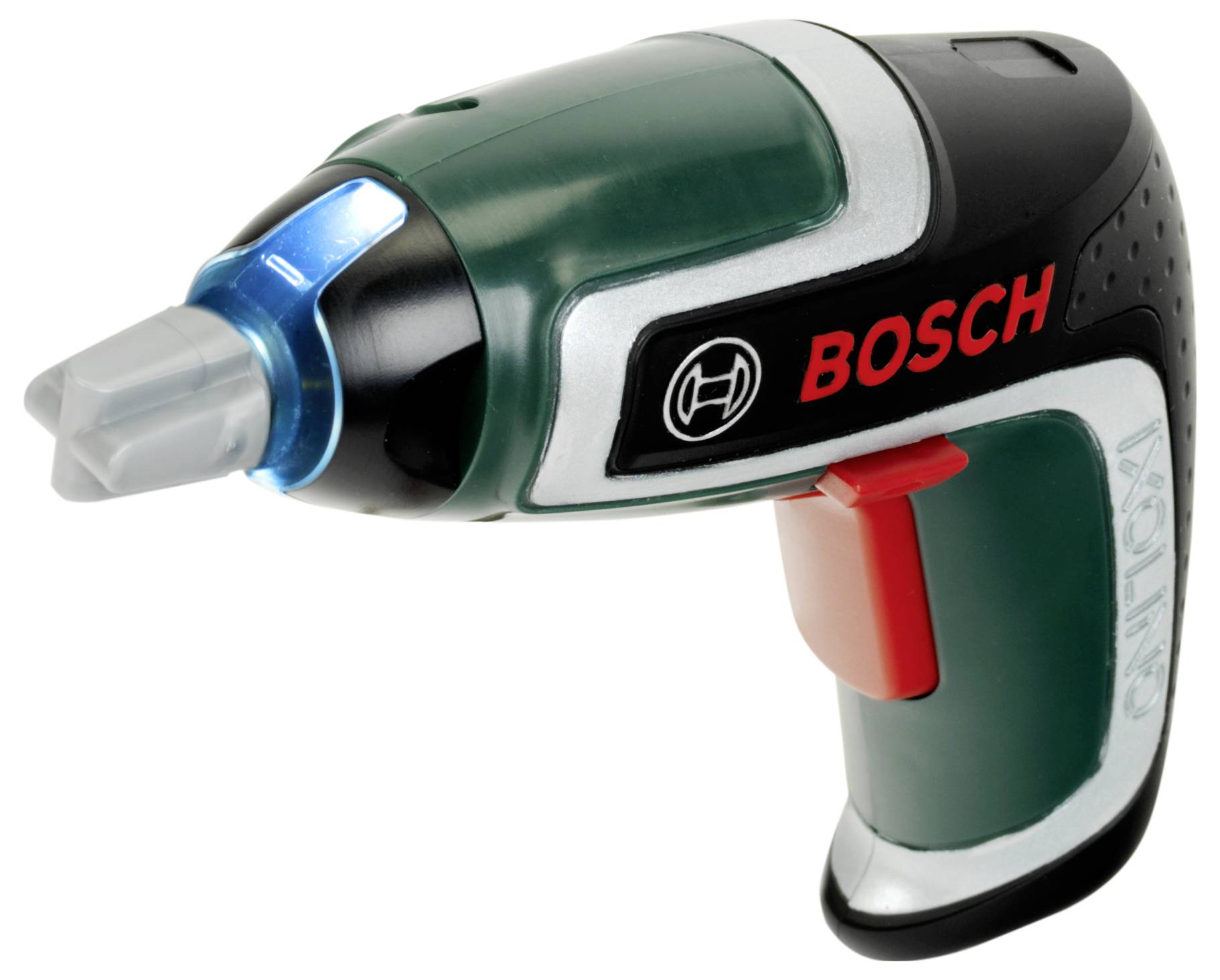 Kompaktní elektrický šroubovák Bosch s tělem v zelené a černé barvě, vybavený červeným vypínačem a modře osvětlenou špičkou.