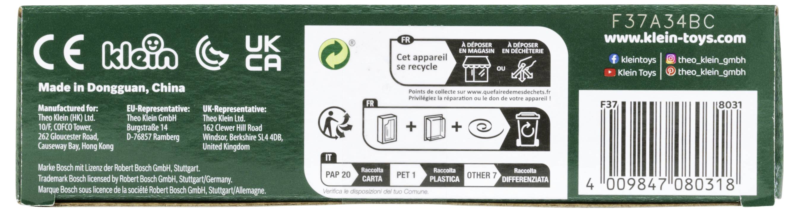 Zelená obdélníková obalová krabice s recyklačními symboly, certifikáty a textem uvádějícím, že je vyrobena v Dongguan, Čína, společností Klein Toys.