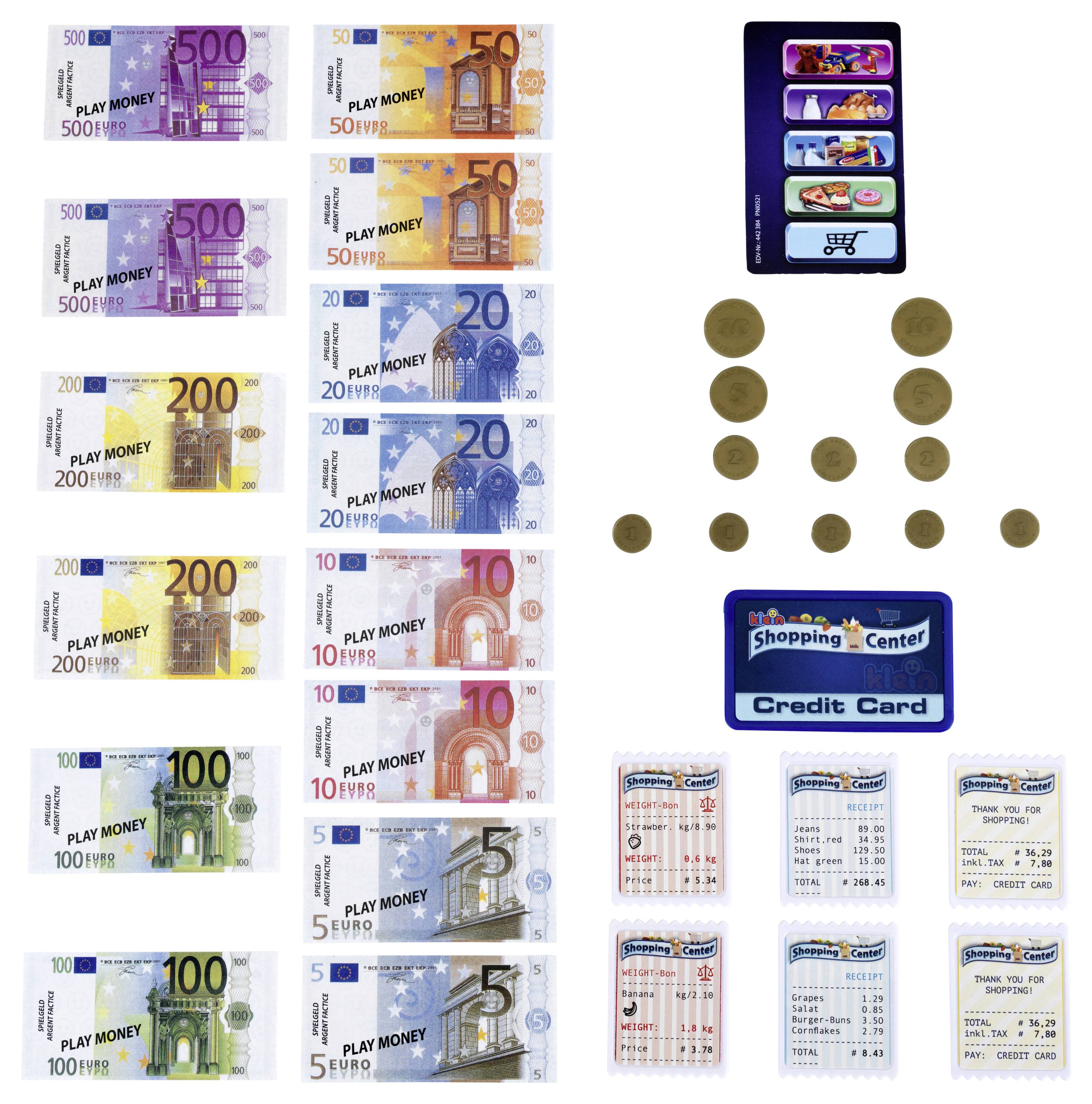 Hrací peníze se sadou eurobankovek v různých nominálních hodnotách, mincí, kreditní karty a nákupních seznamů určených pro počítání a vzdělávací hru.