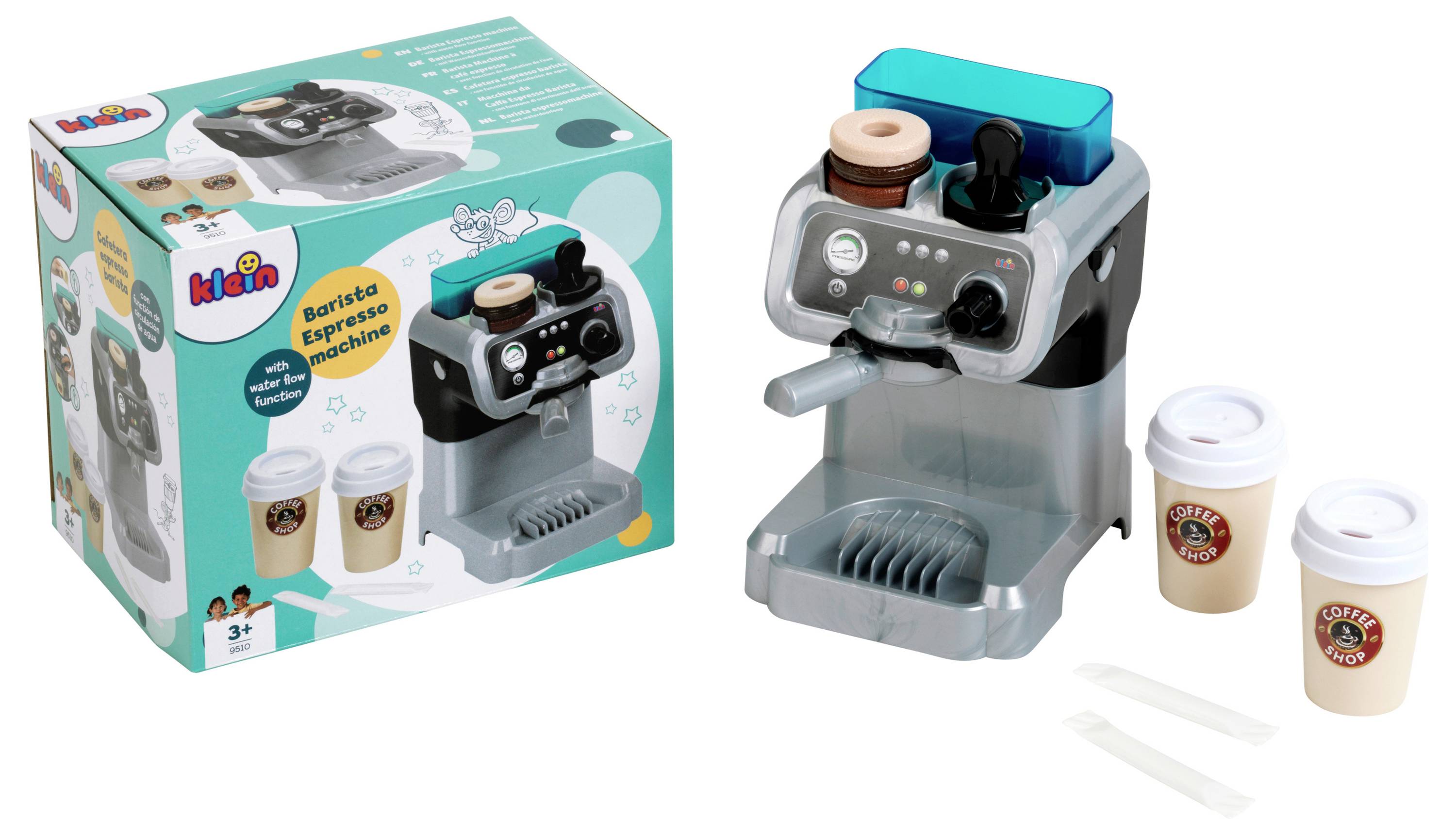 Dětská sada espresso přístroje s šálky a příslušenstvím, zobrazená v barevném obalu označeném 'Barista Espresso Machine', určená pro děti od 3 let.