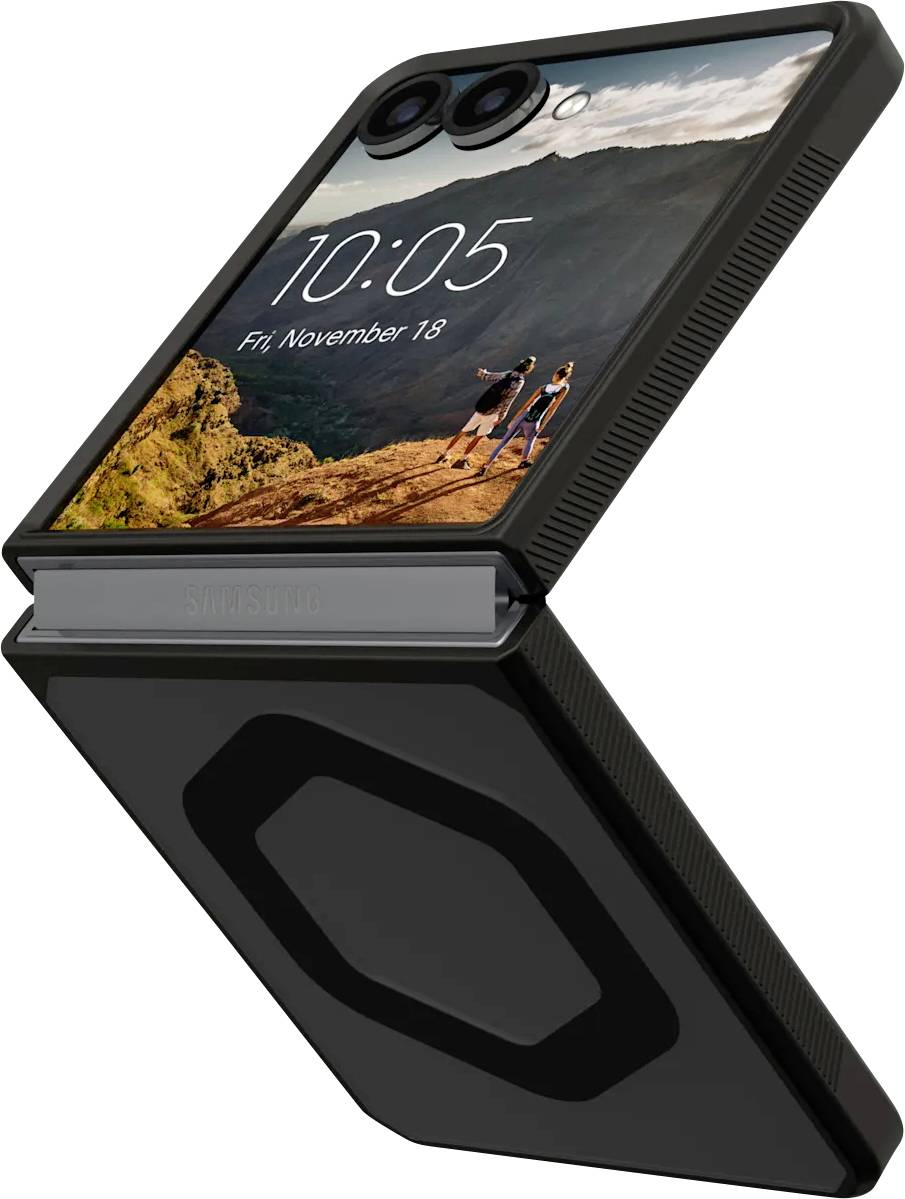 Skládací smartphone částečně otevřený, zobrazující krajinnou fotografii a '10:05 Pá, 18. listopadu' na obrazovce. Jsou viditelné duální fotoaparáty.