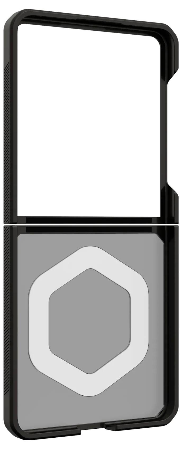 Černý obal na telefon s otevřeným předním dílem, určený pro skládací zařízení. Má šedý zadní kryt s bílým hexagonálním designem.