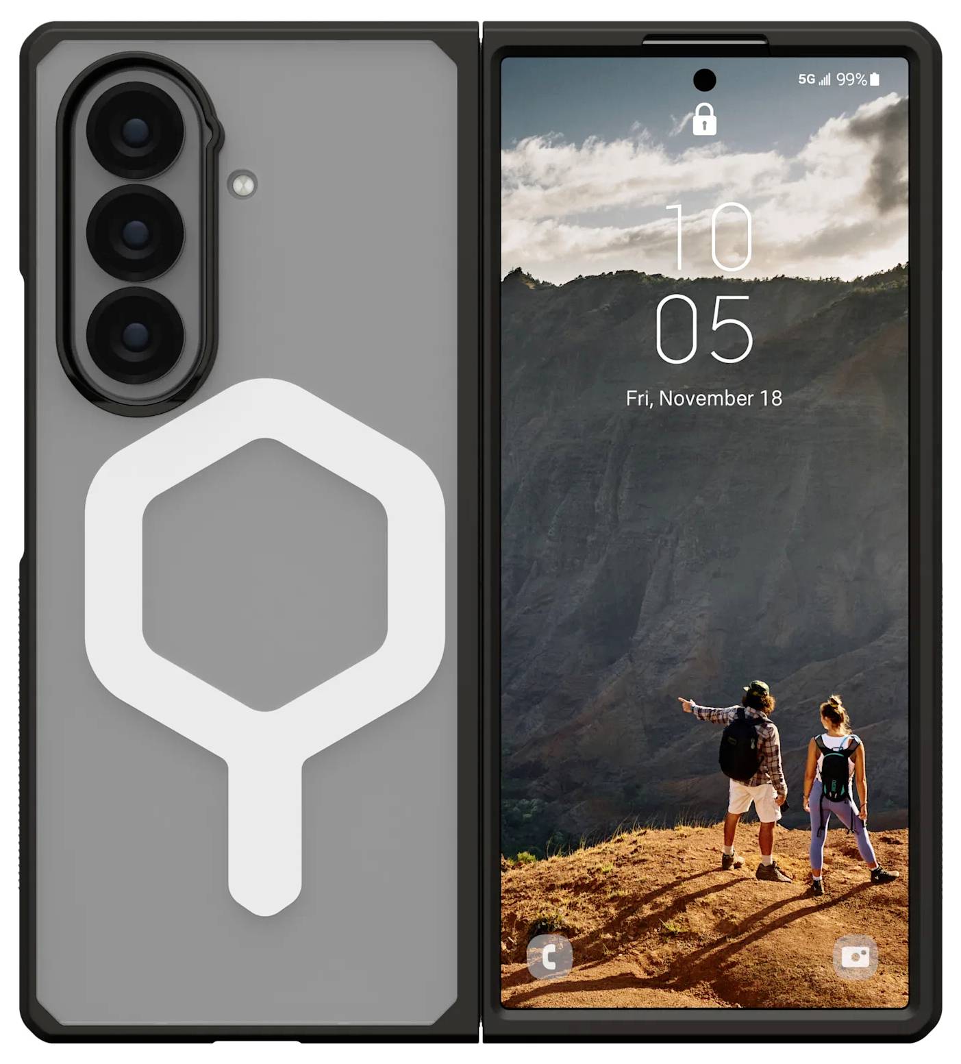 Smartphone zobrazuje zamykací obrazovku s horskou turistickou scénou, na které jsou dva lidé. Čas je 10:05 a datum je pátek 18. listopadu.