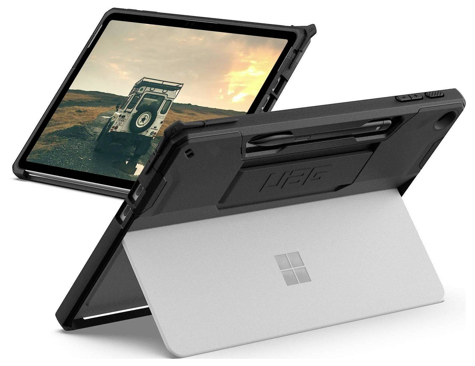 Odolné pouzdro na tablet s integrovaným stojanem, na jehož obrazovce je zobrazen krajinný obraz. Design naznačuje trvanlivost a funkčnost.