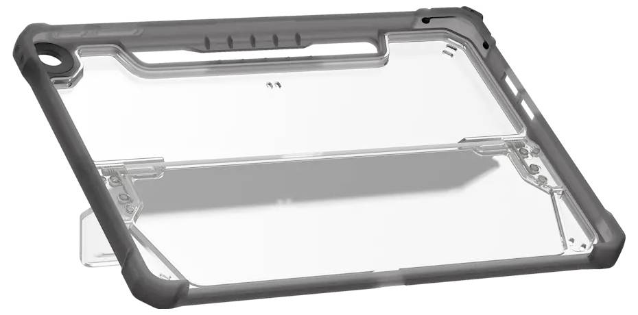 Pouzdro na tablet s robustním, zesíleným designem, které disponuje průhledným zadním krytem a integrovaným stojánkem.