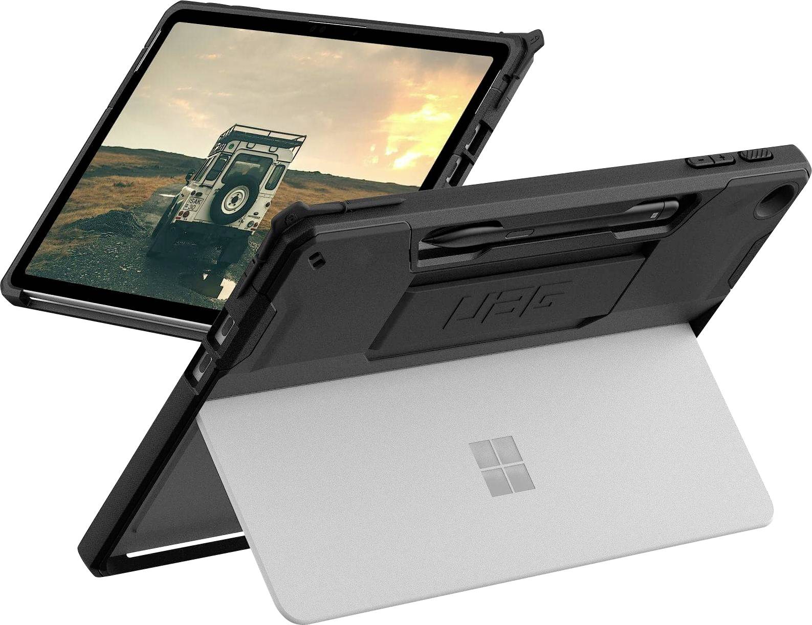 Pohled zepředu a zezadu na tablet v šedém ochranném pouzdře, které je vybaveno stojánkem a popruhem pro snadné nošení.