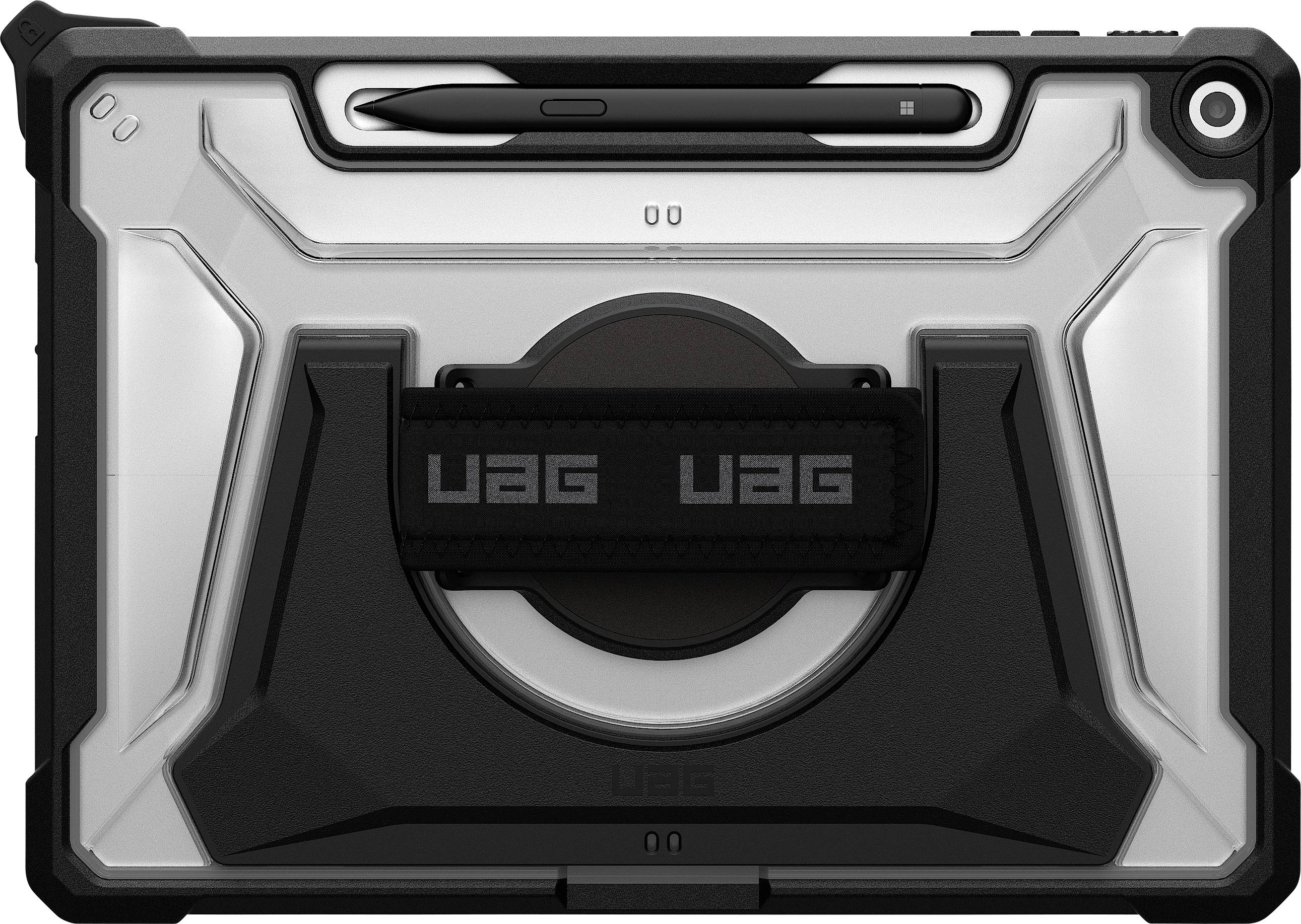 Odolný černostříbrný obal na tablet s logem 'UAG', který je vybaven vestavěným stojanem, rukojetí a bezpečným prostorem pro stylus.