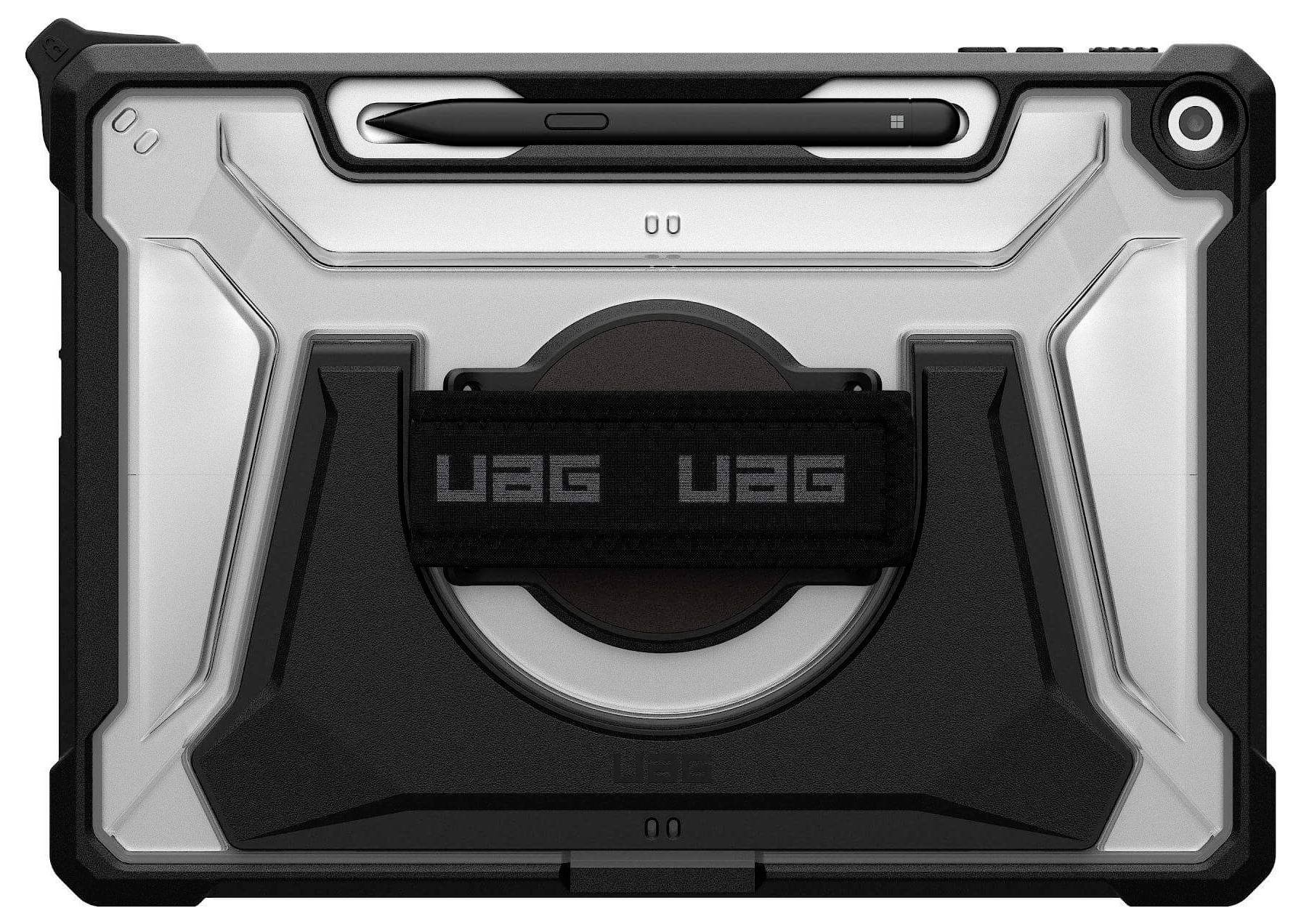 Odolný ochranný kryt na tablet s integrovaným stojánkem a držákem na stylus, v černošedém designu s logem 'UAG'.