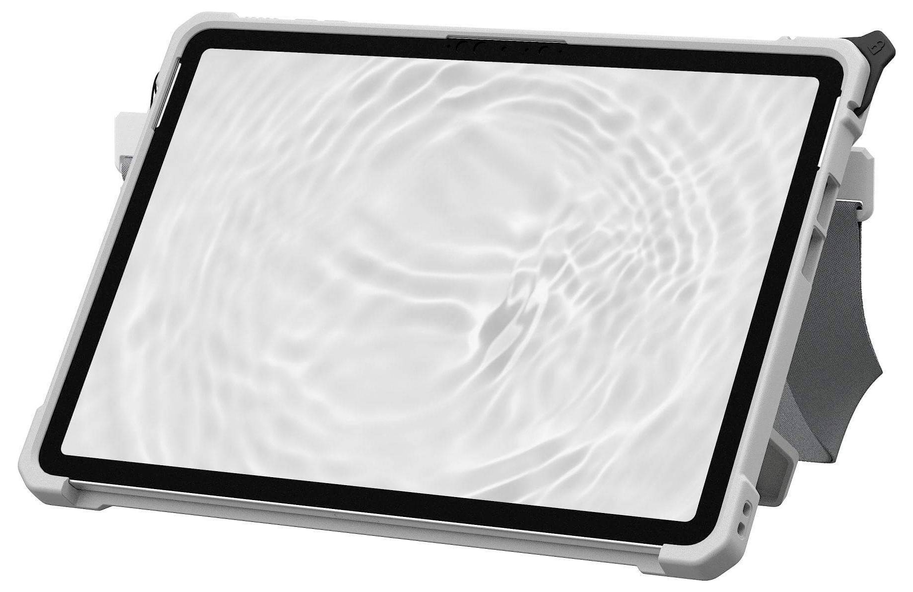 Tablet s robustním bílým pouzdrem zobrazující efekt vodních vln na jeho obrazovce, umístěný horizontálně.