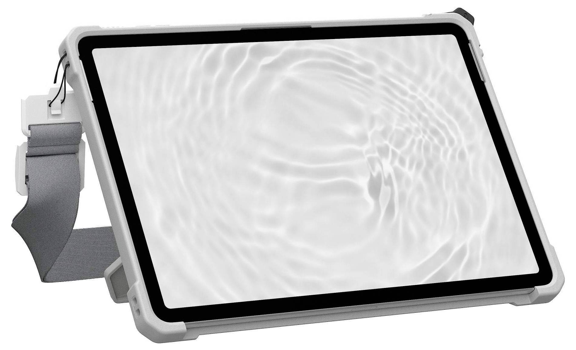 Tablet v odolném pouzdře stojí na rovném povrchu s připevněným popruhem. Na obrazovce se zobrazují vlnící se vodní vzory.