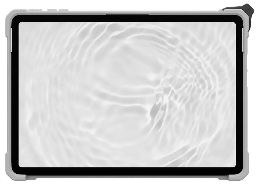 Vlny se šíří po šedém povrchu připomínajícím displej tabletu, navozujícím vodní textury nebo efekty.