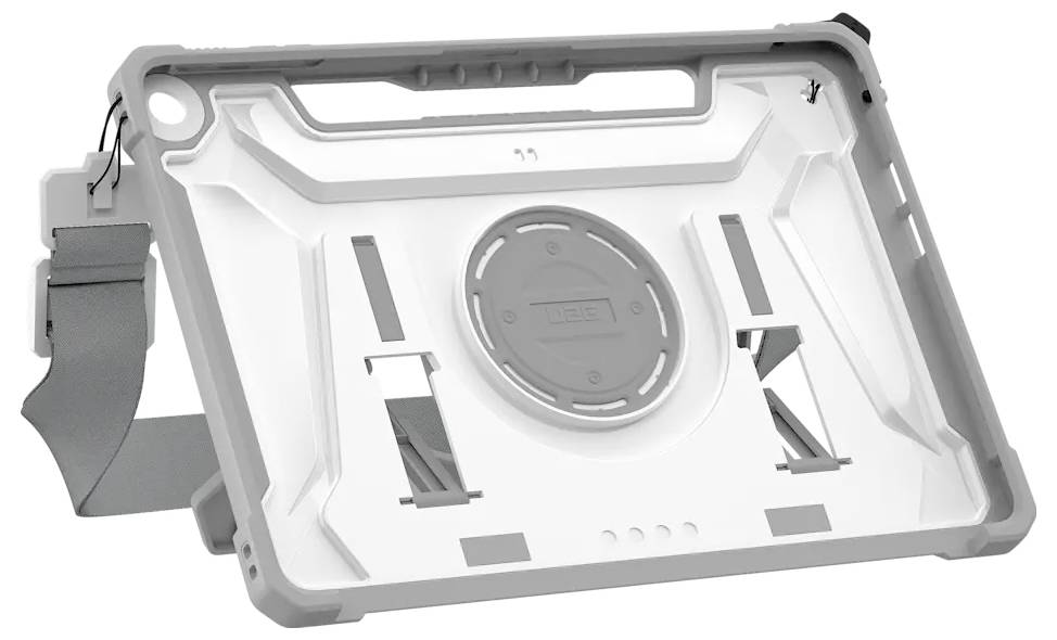 Ochranný kryt na tablet s podstavcem, který má zesílené rohy a centrální kruhovou montážní oblast.