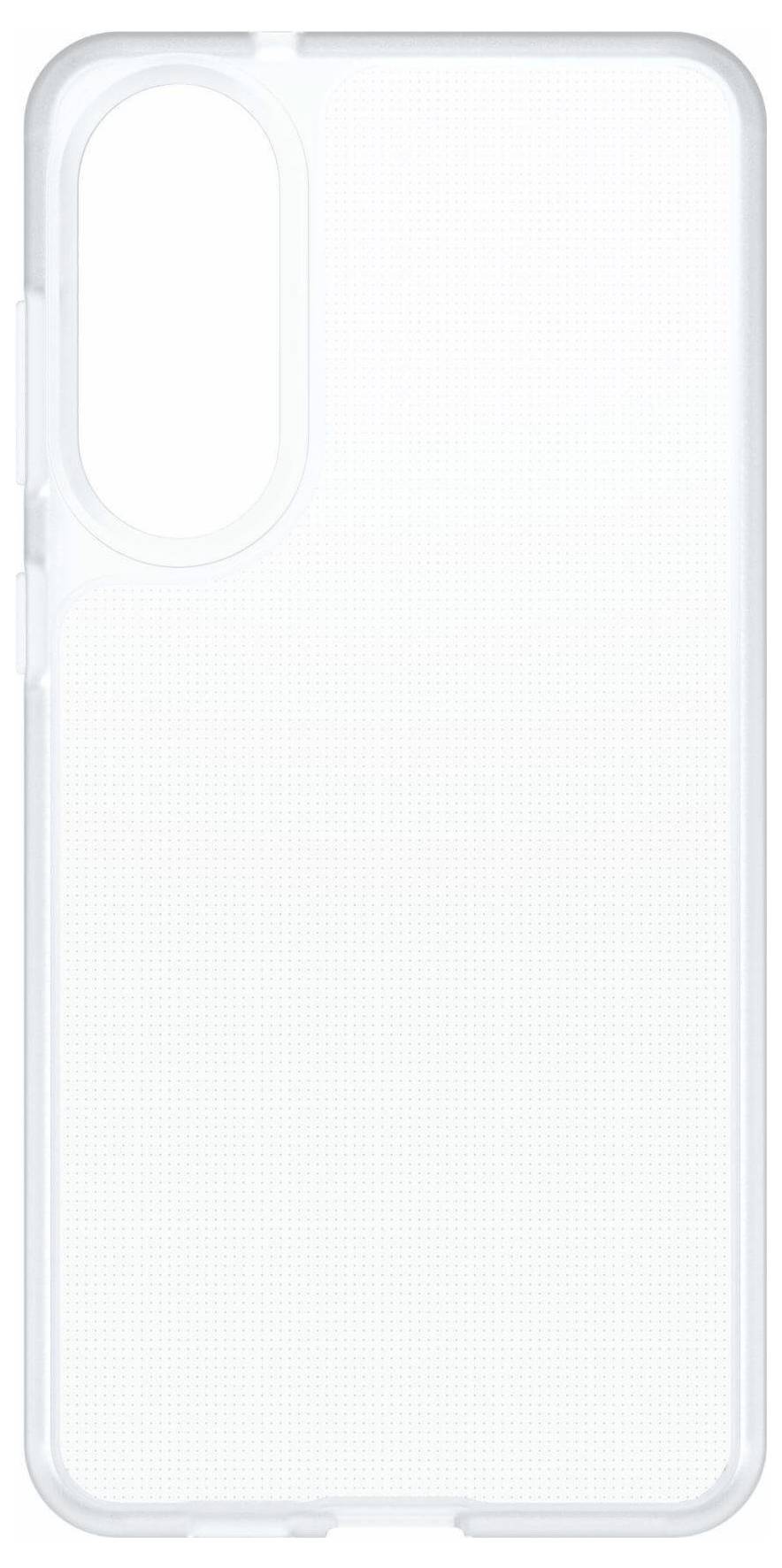 Průhledný obal na telefon s tenkým designem, s výřezy pro fotoaparát a tlačítka, navržený pro ochranu a současně umožňující zobrazení zařízení.