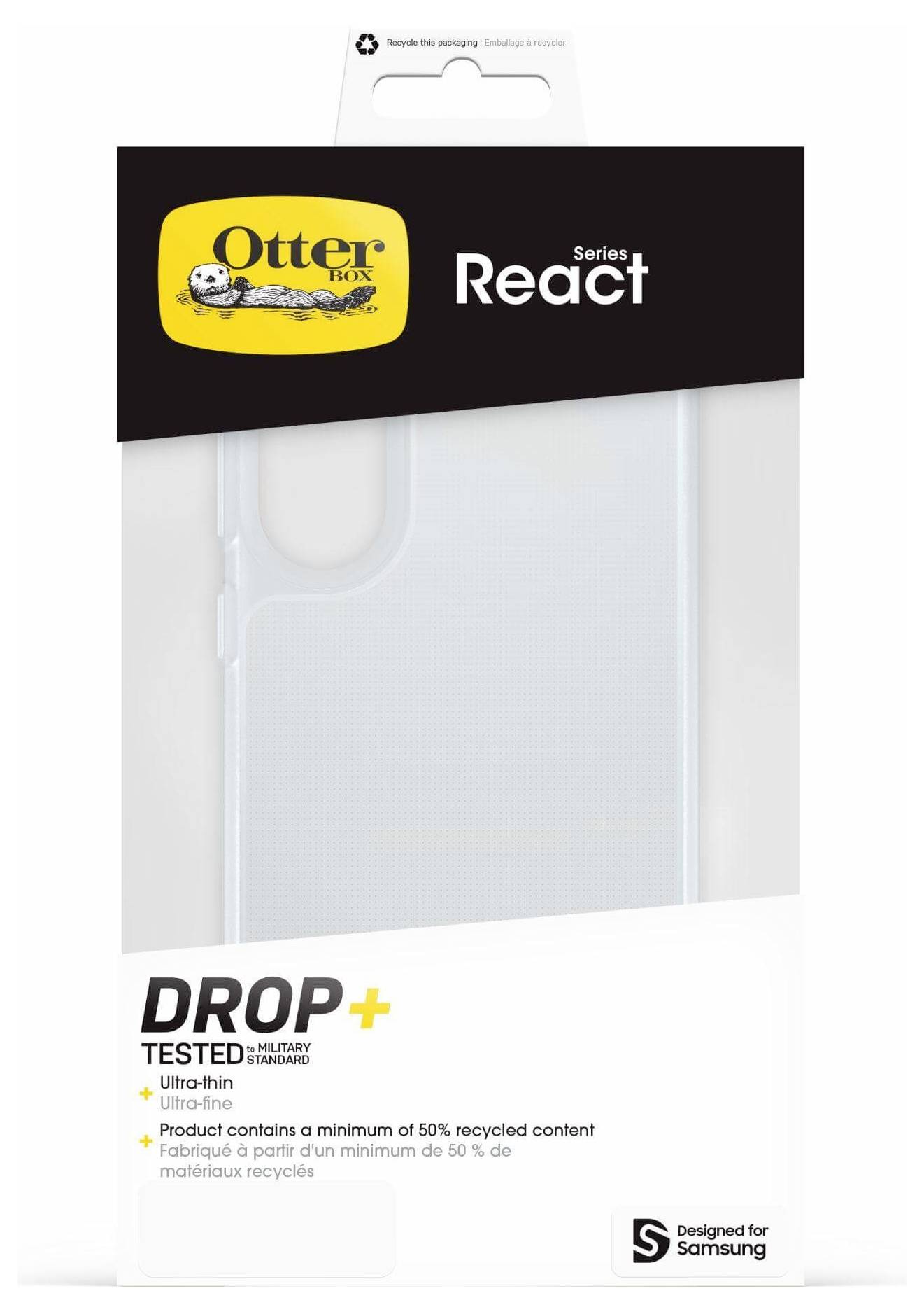 Průhledný kryt na telefon pro Samsung, série OtterBox React. Testováno pádem; ultra-tenké; vyrobeno z minimálně 50% recyklovaného materiálu.
