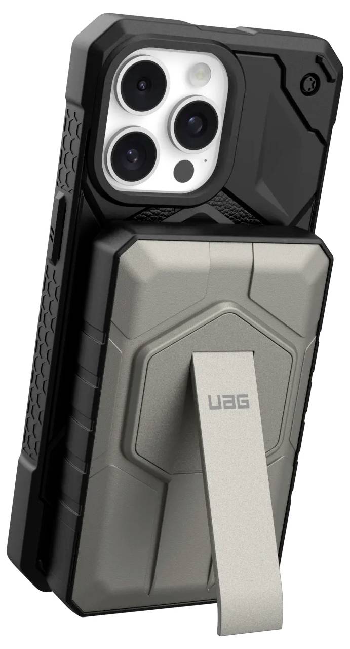 Odolný telefonní kryt s kovovým stojánkem, který vykazuje designový vzor honeycomb a značení 'UAG', navržený pro zvýšenou ochranu a funkčnost.