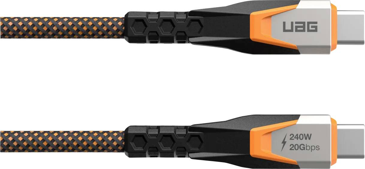 Pletený USB-C kabel s černými a oranžovými akcenty, označený štítkem 'UAG' a '240W 20Gbps', navržený pro rychlé nabíjení a přenos dat.