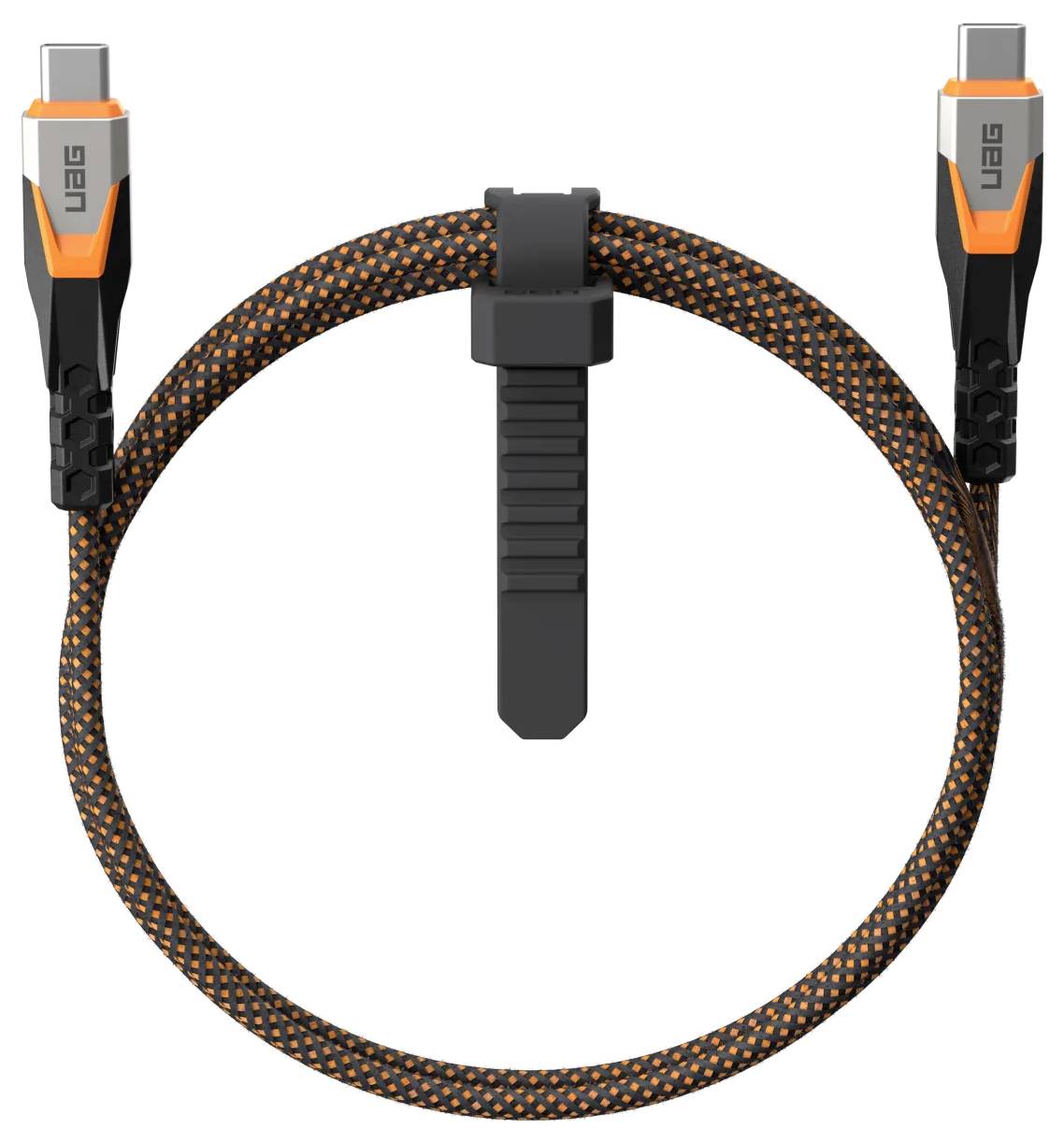 Pletený kabel s konektory USB-C na obou koncích, s oranžovými akcenty a vestavěným nastavitelným popruhem pro praktické ukládání.
