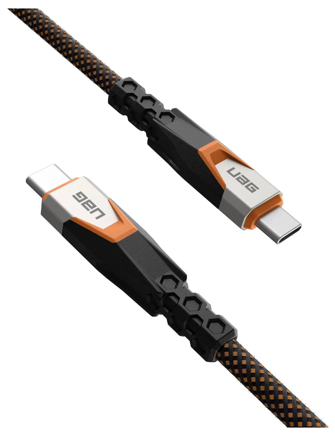USB-C kabel se zesílenými konektory a oranžovo-černým opletením pro odolnost a styl.