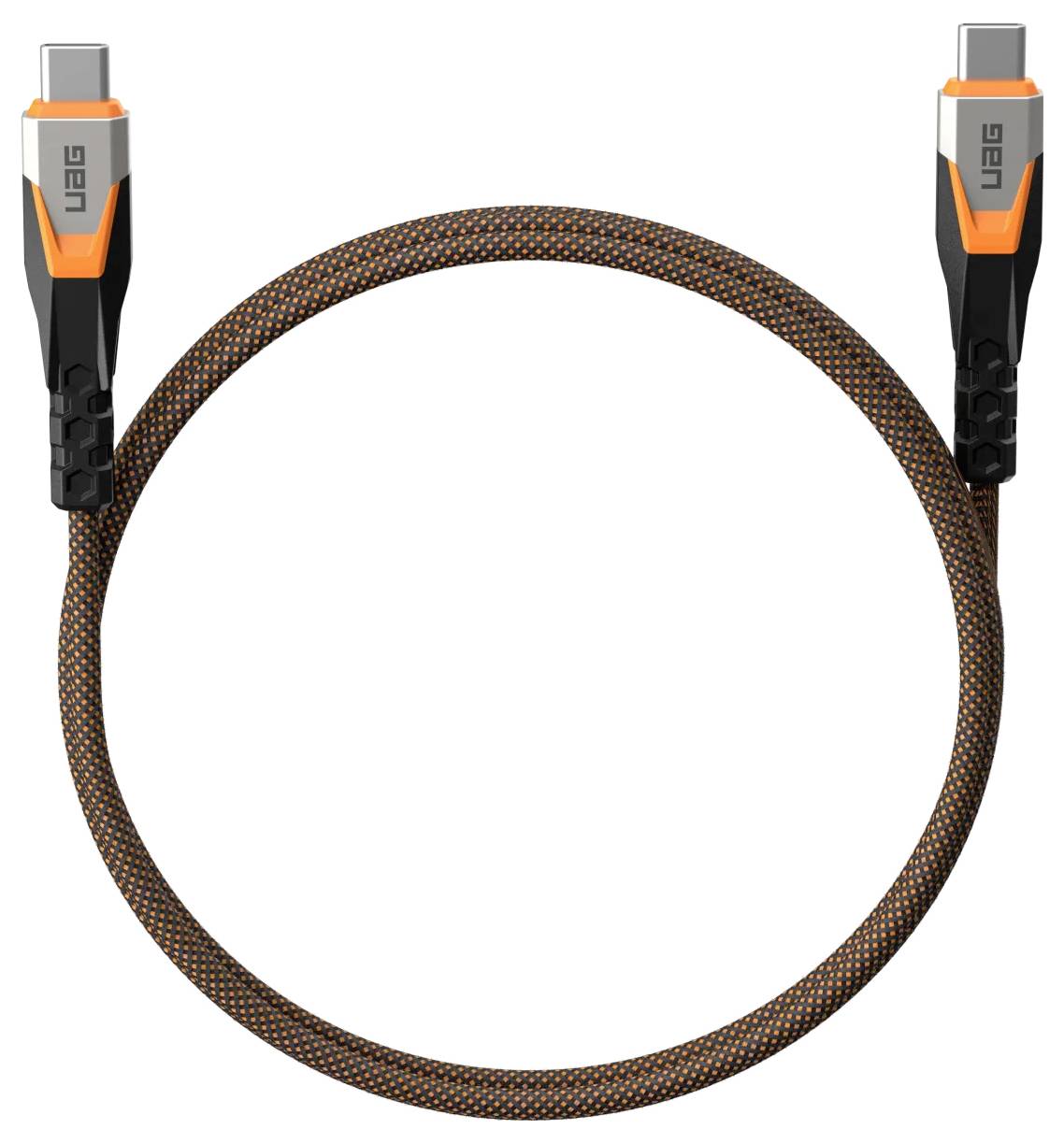 Pletený USB-C kabel se zesílenými konektory, s oranžovými akcenty.